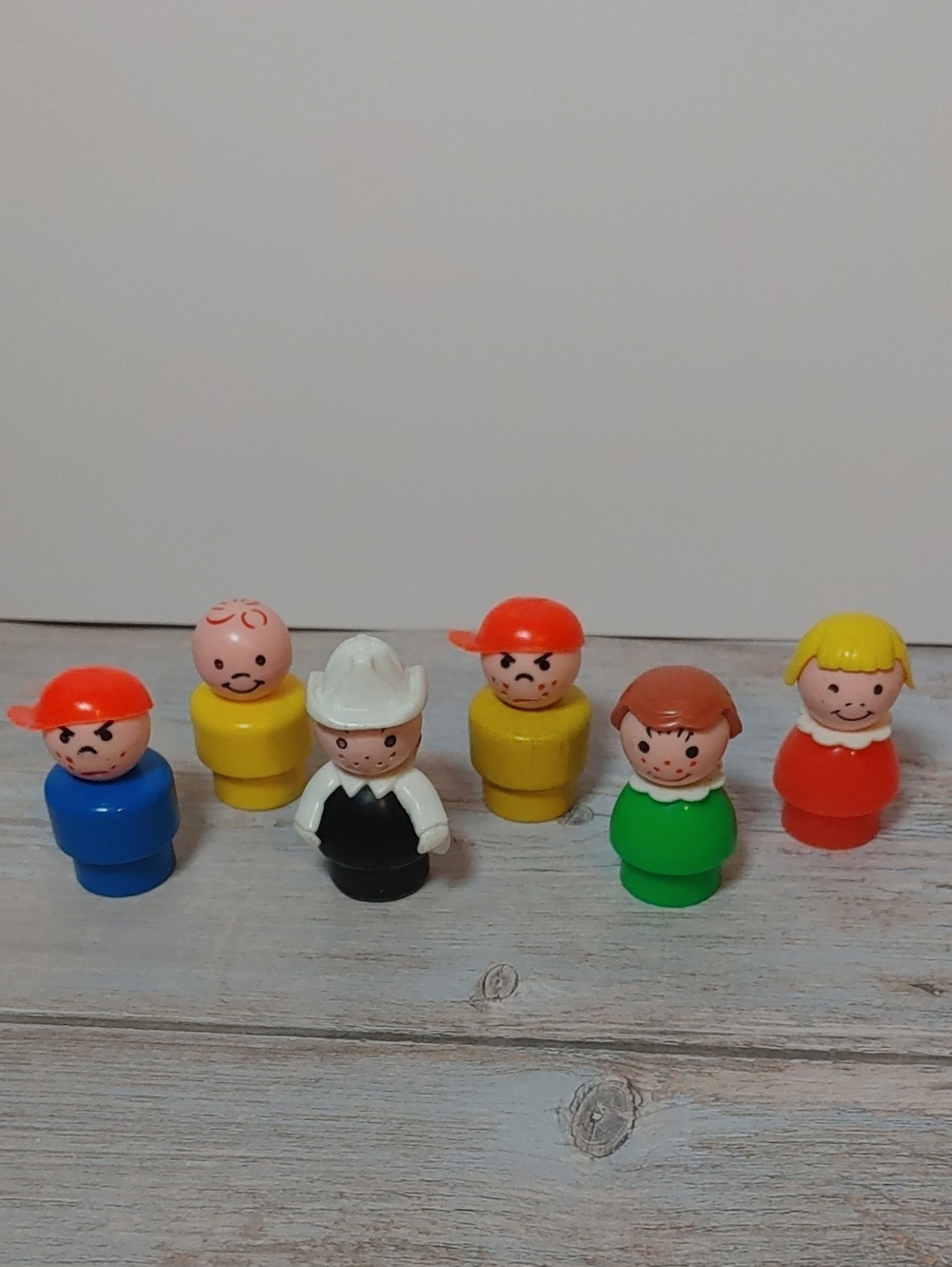 Fisher-Price Vintage Mini Peg People Set of 6 in Blue, Yellow, White, Green, Red